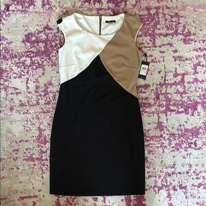 Tommy Hilfiger Cream and Tan Asymmetrical Sheath Dress